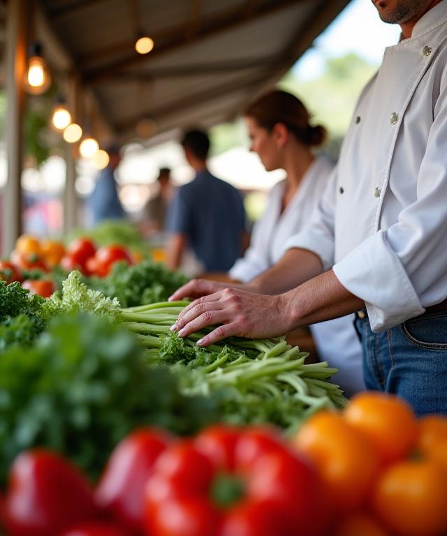 Chef selecting fresh vegetables from a local farmer's market stall.