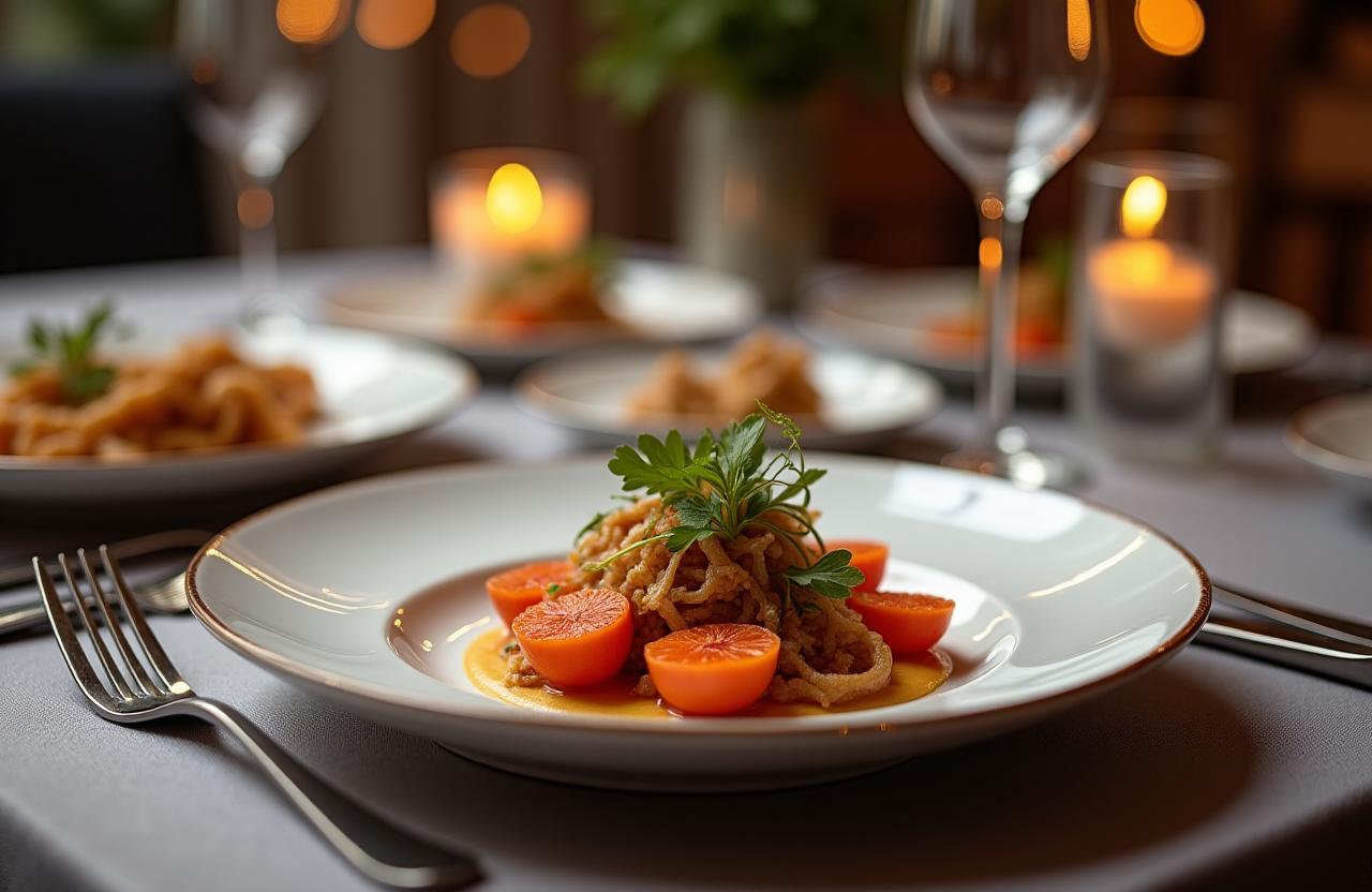 A beautifully plated dish on an elegant dining table.