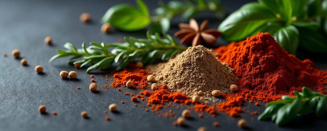 A subtle, dark background with scattered spices and herbs.
